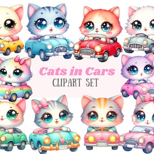 Chats aquarelles dans des voitures Clipart chat kawaii au volant de voitures Image numérique PNG à télécharger pour faire des travaux manuels en papier pour albums de scrapbooking