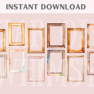 May include: A set of 10 watercolor-style picture frames in various colors and styles. The frames are arranged in two rows on a light pink background.  The frames are all empty and ready to be filled with your favorite photos or artwork.