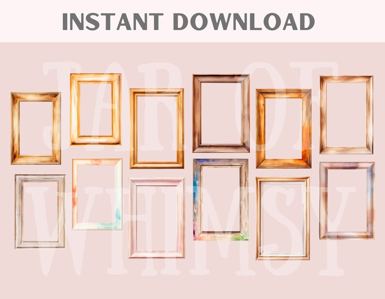 May include: A set of 10 watercolor-style picture frames in various colors and styles. The frames are arranged in two rows on a light pink background.  The frames are all empty and ready to be filled with your favorite photos or artwork.