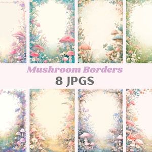 Aquarell Pilz Border Clipart Fee Garten Hintergrund JPG Digitales Bild Downloads für die Kartenherstellung Scrapbook Junk Journal Papierhandwerk