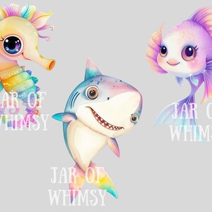 May include: A digital illustration of three colorful sea creatures: a rainbow seahorse, a pink and purple fish, and a blue and pink shark. Each creature has large, expressive eyes and a whimsical smile. The text "JAR OF WHIMSY" appears three times in the image.