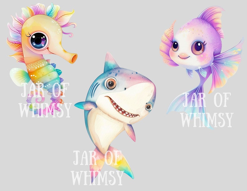 May include: A digital illustration of three colorful sea creatures: a rainbow seahorse, a pink and purple fish, and a blue and pink shark. Each creature has large, expressive eyes and a whimsical smile. The text "JAR OF WHIMSY" appears three times in the image.