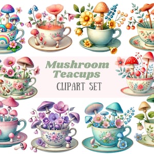 Clipart di tazze da tè con funghi ad acquerello, festa del tè Cottagecore, PNG, download di immagini digitali per la creazione di biglietti, album di ritagli, diari di carta, artigianato di carta