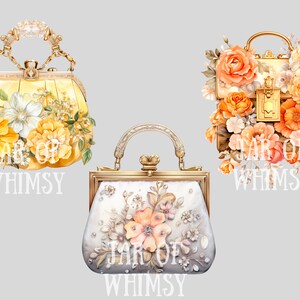 May include: Three vintage-style handbags with floral designs. The handbags are decorated with yellow, orange, and white flowers. The text "JAR OF WHIMSY" is printed below each handbag.