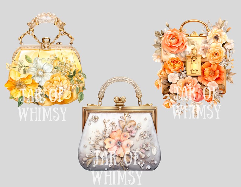 May include: Three vintage-style handbags with floral designs. The handbags are decorated with yellow, orange, and white flowers. The text "JAR OF WHIMSY" is printed below each handbag.
