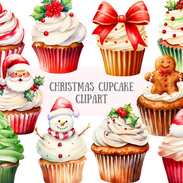 Watercolour Christmas Cupcake Clipart Xmas Treats PNG Digital Image Downloads for Card Making Scrapbook Junk Journal Paper Craft