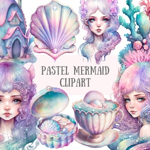 Aquarelle pastel sirène Clipart Ocean Fantasy PNG téléchargements d'images numériques pour la fabrication de cartes, scrapbooking, journal indésirable, travaux manuels en papier
