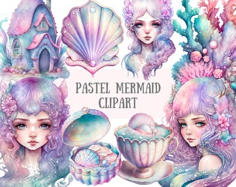 Watercolour Pastel Mermaid Clipart Ocean Fantasy PNG Digital Image Downloads for Card Making, Scrapbook, Junk Journal, Paper Crafts