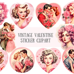 Watercolour Vintage Valentine Sticker Clipart Retro Lovers PNG Digital Image Downloads for Card Making Scrapbook Junk Journal Paper Crafts