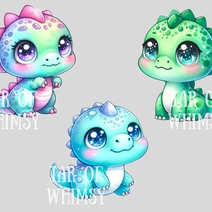 Puede incluir: Tres dinosaurios beb&eacute;s de dibujos animados con ojos grandes. Los dinosaurios son verdes, azules y rosas con manchas blancas.
