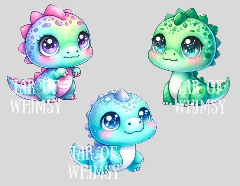 Puede incluir: Tres dinosaurios beb&eacute;s de dibujos animados con ojos grandes. Los dinosaurios son verdes, azules y rosas con manchas blancas.
