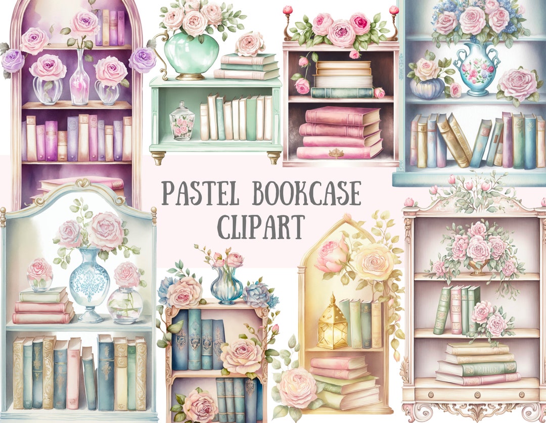 Watercolour Pastel Bookcase Clipart Bookshelf Bookworm PNG Digital
