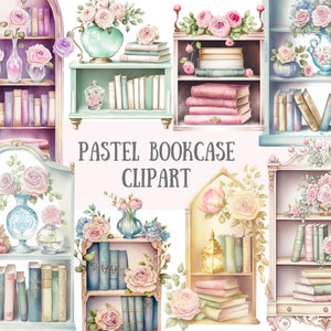 Watercolour Pastel Bookcase Clipart Bookshelf Bookworm PNG Digital Image Downloads for Card Making Scrapbook Junk Journal Paper Crafts