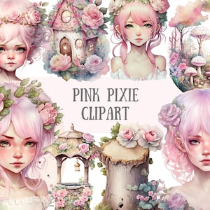 Akwarela Różowy Pixie Clipart Bajkowa Fantazja PNG Pobieranie Obrazów Cyfrowych do Tworzenia Kartek Scrapbook Junk Journal Paper Crafts