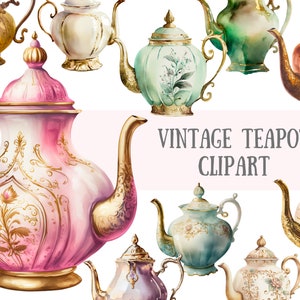 Clipart de bule vintage em aquarela - Tempo de chá antigo Downloads de imagens digitais PNG para fazer cartões, álbum de recortes, diário de lixo, artesanato em papel