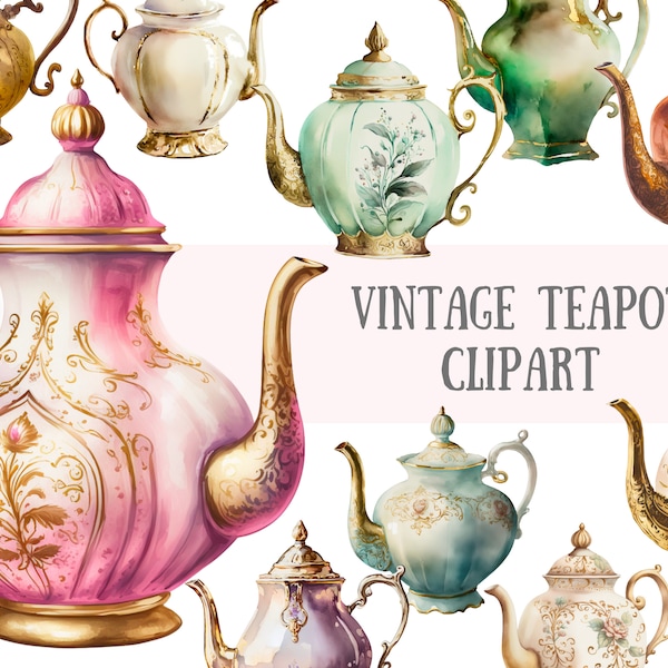 Aquarelle vintage Teapot Clipart - Antique Tea Time PNG Digital Image Téléchargements pour la fabrication de cartes, album, journal indésirable, artisanat en papier