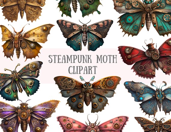 Watercolour Steampunk Moths Clipart Mechanical Moth PNG Digital Image Downloads for Card Making Scrapbook Junk Journal Paper Crafts