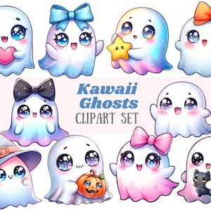Aquarelle Kawaii Ghost Clipart Chibi Halloween Ghost PNG Image numérique à télécharger pour la fabrication de cartes Scrapbook Junk Journal artisanat en papier