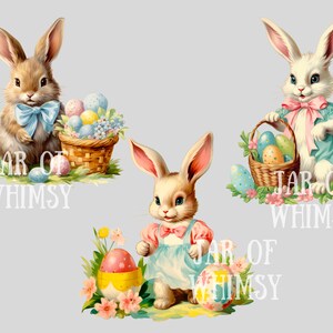 Puede incluir: Tres conejos de Pascua sosteniendo cestas de huevos coloridos. Los conejos llevan lazos azules, rosas y rojos. El texto "JAR OF WHIMSY" aparece tres veces en la imagen.