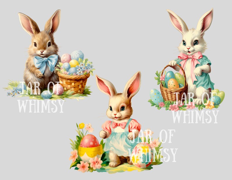 Puede incluir: Tres conejos de Pascua sosteniendo cestas de huevos coloridos. Los conejos llevan lazos azules, rosas y rojos. El texto "JAR OF WHIMSY" aparece tres veces en la imagen.