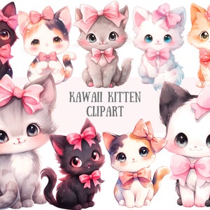 Aquarelle Kawaii chaton Clipart mignons chats Anime Chibi PNG Image numérique à télécharger pour la fabrication de cartes Scrapbook Junk Journal travaux manuels en papier