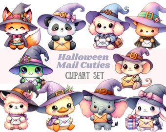 Watercolour Halloween Mail Animal Clipart Happy Mail Letter PNG Digital Image Download for Card Making Scrapbook Junk Journal Paper Craft