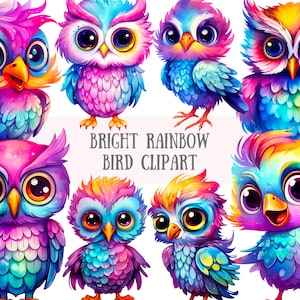 Aquarelle lumineux oiseau arc-en-ciel Clipart Kawaii oiseaux PNG Image numérique à télécharger pour la fabrication de cartes Scrapbook Junk Journal travaux manuels en papier