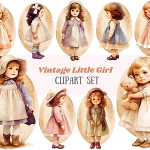 Watercolour Vintage Little Girl Clipart Fashion Girl PNG Digital Image Downloads for Card Making Scrapbook Junk Journal Paper Crafts