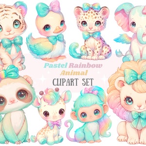 Acuarela Pastel Arco Iris Animal Clipart Kawaii Animales PNG Descarga de imagen digital para hacer tarjetas Scrapbook Junk Journal Paper Craft