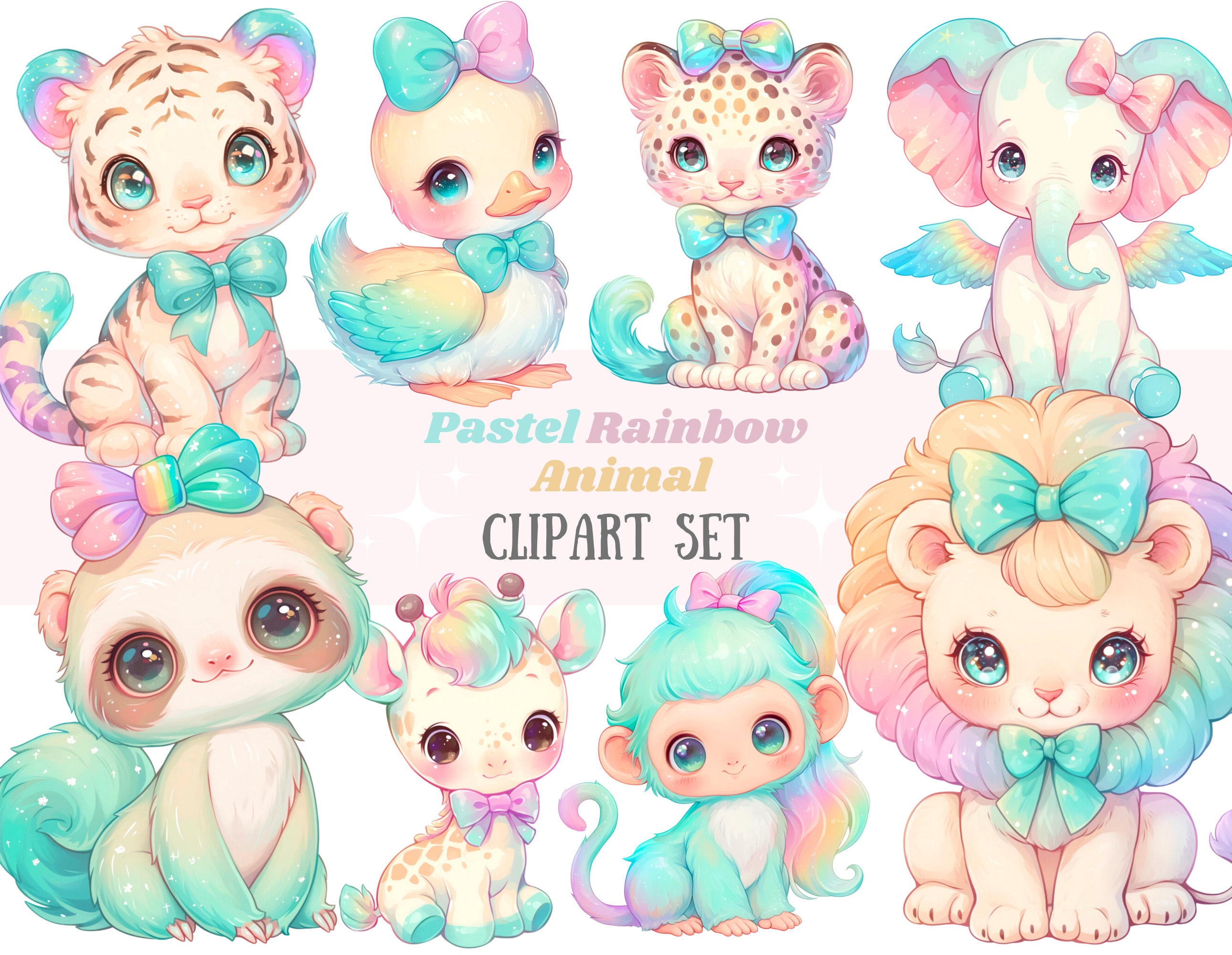 Watercolour Pastel Rainbow Animal Clipart Kawaii Animals PNG Digital ...