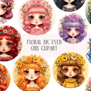 Aquarel bloemen Big Eyed Girl clipart pop surrealistisch artwork PNG digitale afbeelding downloads voor kaarten maken plakboek ongewenste dagboek papier ambachten