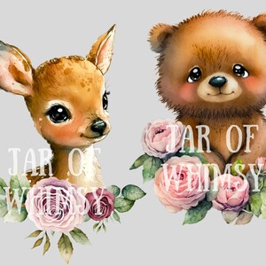 May include: A watercolor illustration of a brown bear and a fawn with pink roses. The text "JAR OF WHIMSY" is written on the image.
