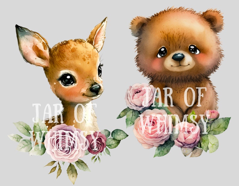 May include: A watercolor illustration of a brown bear and a fawn with pink roses. The text "JAR OF WHIMSY" is written on the image.