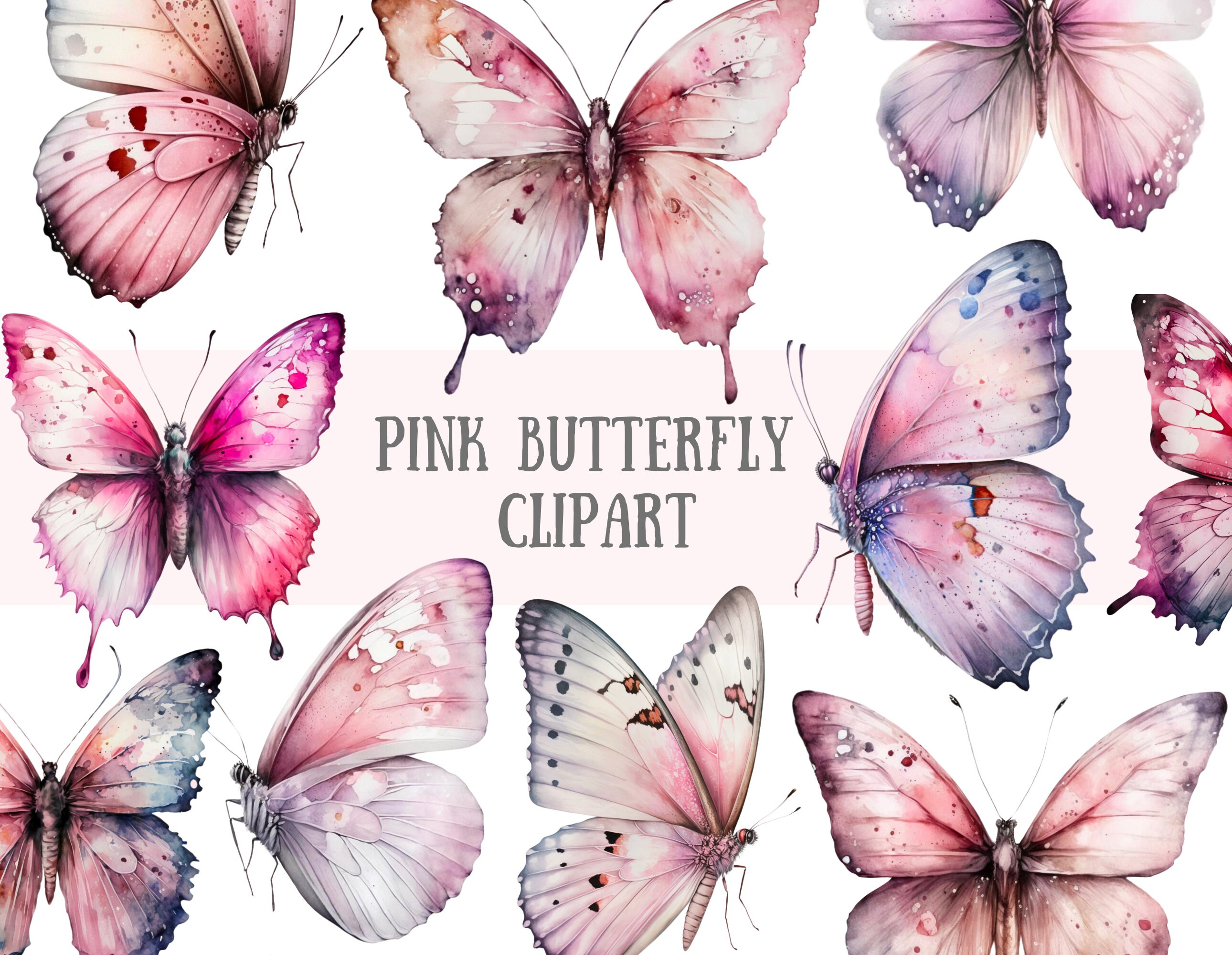 水彩ピンクの蝶のクリップアート パステルカラーの蝶 PNG デジタル画像