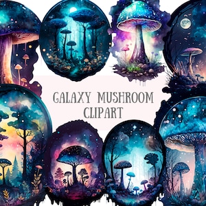 Aquarela Galaxy Cogumelo Clipart Cogumelos Cósmicos Downloads de imagens digitais PNG para fazer cartões Scrapbook Junk Journal Paper Crafts