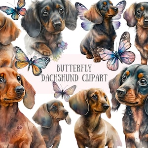 Aquarell Schmetterling Dackel Clipart - Dackel PNG digitale Bild-Downloads für die Kartenherstellung, Scrapbook, Junk Journal, Papierhandwerk