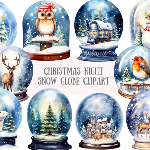 Watercolour Christmas Night Snow Globe Clipart Xmas Snowglobe PNG Digital Image Downloads for Card Making Scrapbook Junk Journal Paper Craft