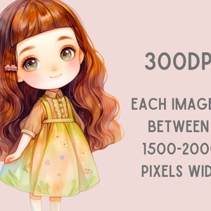 Akvarell Kawaii Spring Girl Clipart Söt Chibi Anime Girl PNG Digitala Bildnedladdningar för Korttillverkning Scrapbook Junk Journal Papperspyssel bild 4
