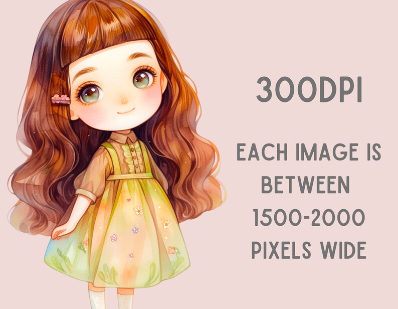 Akvarell Kawaii Spring Girl Clipart Söt Chibi Anime Girl PNG Digitala Bildnedladdningar för Korttillverkning Scrapbook Junk Journal Papperspyssel bild 4
