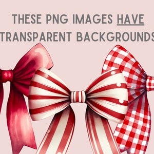May include: Three red and white watercolor bow designs with different patterns. The bows are isolated on a pink background.  These PNG images have transparent backgrounds.