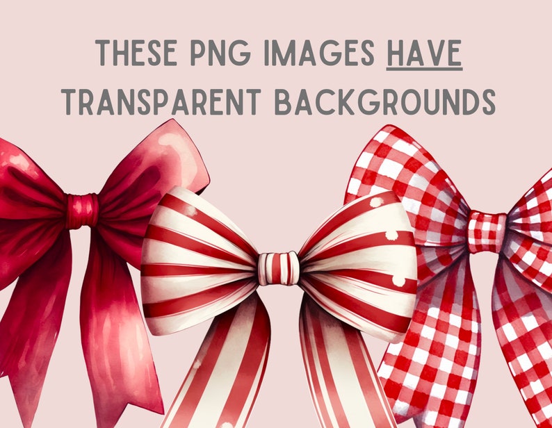 May include: Three red and white watercolor bow designs with different patterns. The bows are isolated on a pink background.  These PNG images have transparent backgrounds.