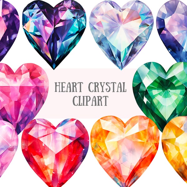Watercolour Heart Crystal Clipart Valentine Birthday Gemstones PNG Digital Image Downloads for Card Making Scrapbook Junk Journal