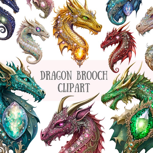 Watercolour Fantasy Dragon Brooch Clipart Gemstone Jewelry PNG Digital Image Downloads for Card Making Scrapbook Junk Journal Paper Crafts