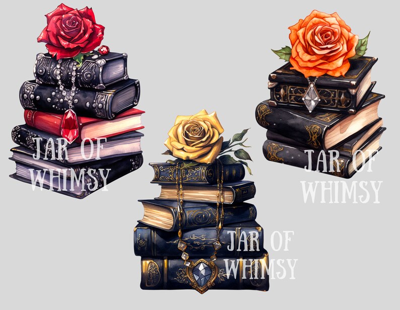 May include: Three stacks of vintage books with ornate covers and jeweled accents. Each stack is topped with a different colored rose: red, orange, and yellow. The text "JAR OF WHIMSY" appears on each stack.