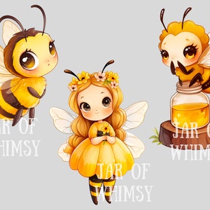 May include: Three cute cartoon illustrations featuring a bee, a fairy, and a bee on a jar of honey. The bee and fairy are both yellow and black with large eyes. The bee on the honey jar is holding a jar of honey with the text "JAR OF WHIMSY" on the jar.