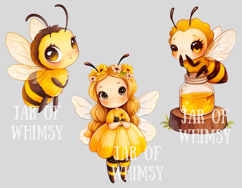 May include: Three cute cartoon illustrations featuring a bee, a fairy, and a bee on a jar of honey. The bee and fairy are both yellow and black with large eyes. The bee on the honey jar is holding a jar of honey with the text "JAR OF WHIMSY" on the jar.