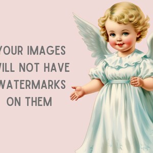 Pode incluir: Uma ilustra&ccedil;&atilde;o vintage de um anjo jovem com cabelo loiro e asas brancas vestindo um vestido branco com uma faixa azul. O texto "YOUR IMAGES WILL NOT HAVE WATERMARKS ON THEM" est&aacute; na imagem.