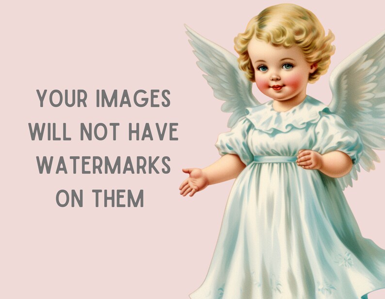 Pode incluir: Uma ilustra&ccedil;&atilde;o vintage de um anjo jovem com cabelo loiro e asas brancas vestindo um vestido branco com uma faixa azul. O texto "YOUR IMAGES WILL NOT HAVE WATERMARKS ON THEM" est&aacute; na imagem.