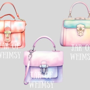 May include: Three pastel-colored handbags with gold hardware and the text "JAR OF WHIMSY" on each. The handbags are in a variety of shades of pink, blue, and green.