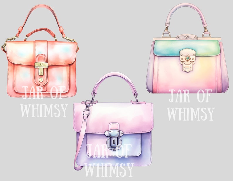 May include: Three pastel-colored handbags with gold hardware and the text "JAR OF WHIMSY" on each. The handbags are in a variety of shades of pink, blue, and green.